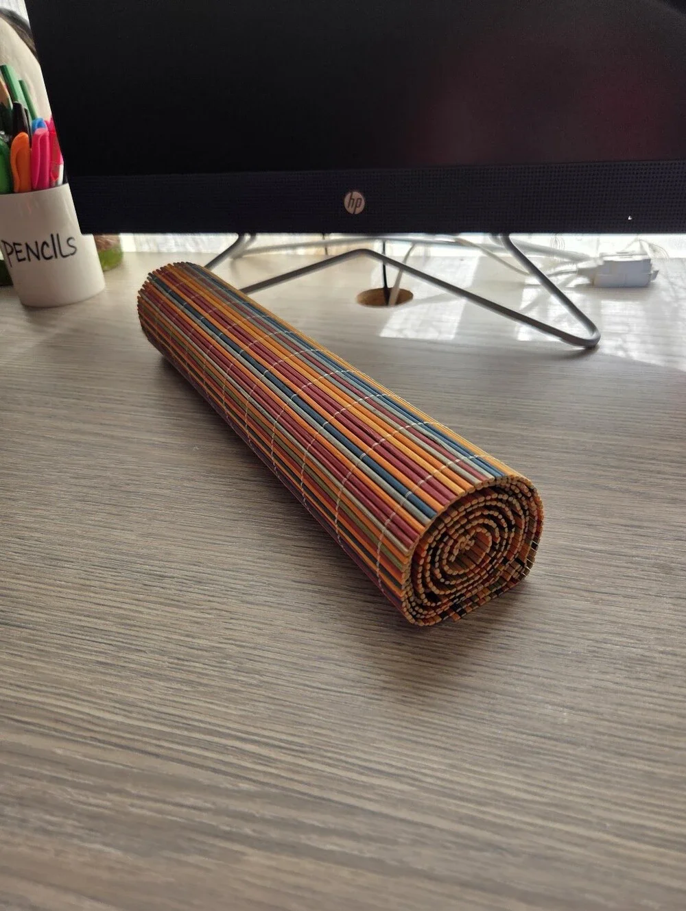 Vintage Multicolor Bamboo Reed Table Runner 13x70 Woven Roll Up Boho Tiki, EUC